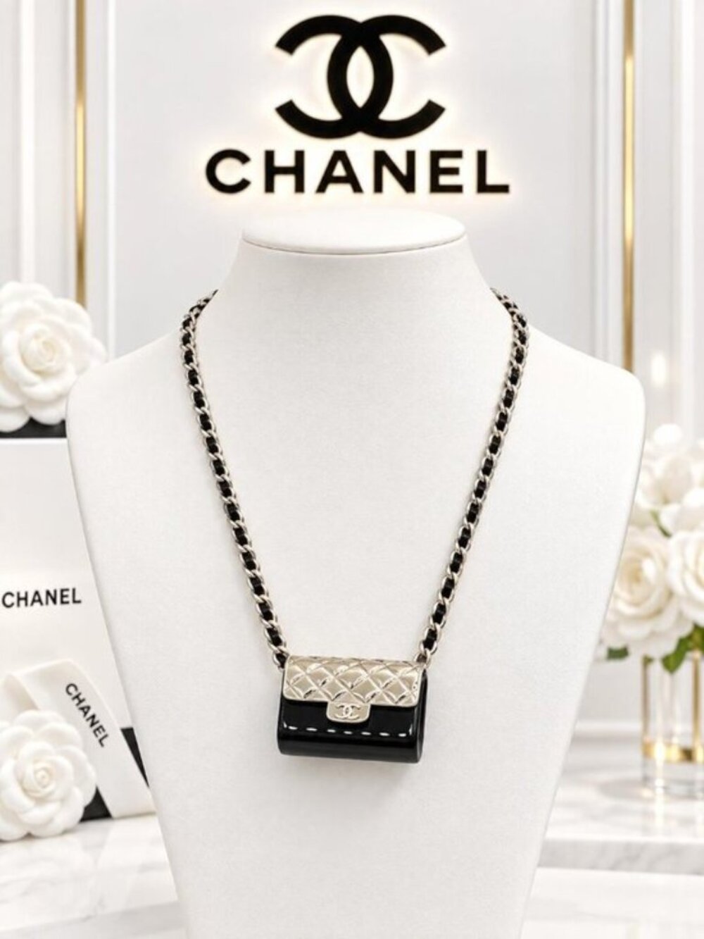 Authentic Chanel Mini Bag Pendant Necklace Black Silver Chain Purse Jewelry
